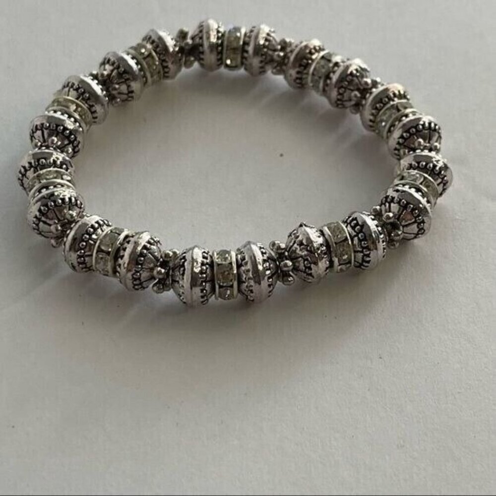 Silver Tone Bracelet with Geometric Design Beads Stretchy Band - Picture 2 of 4